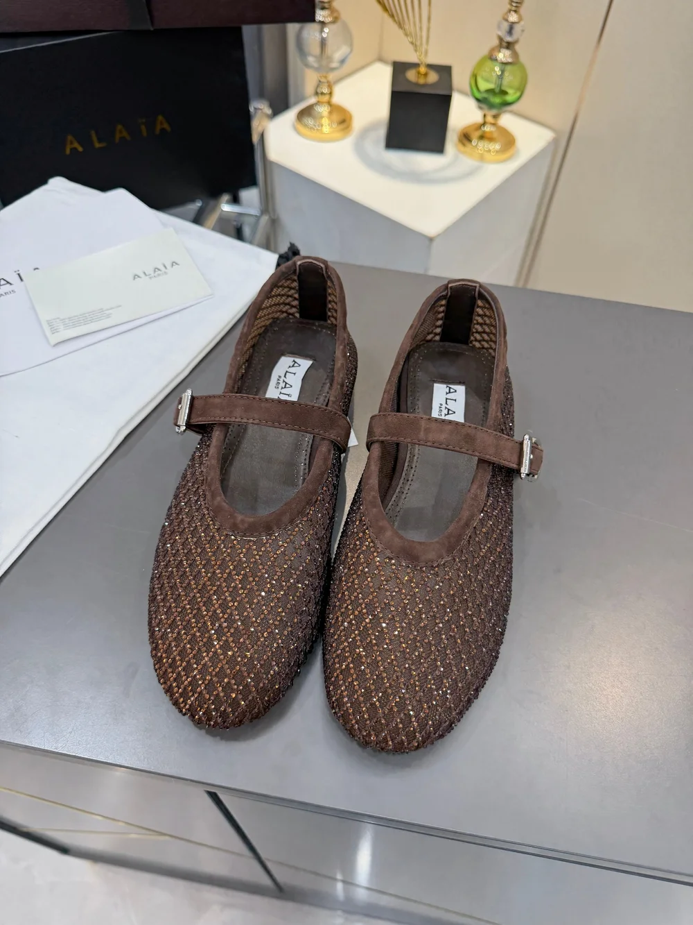 ALAÏA Dark Brown Rhinestone Ballet Flats - Picture 1 of 8
